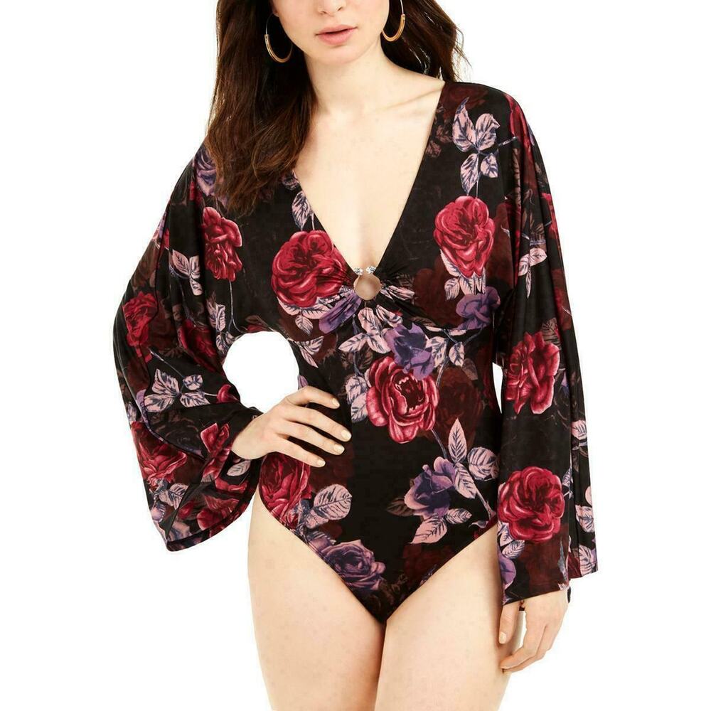 Guess Thong Bodysuit Top Blouse Kimono Sleeves Floral Jazzi Printed Blk Size XS